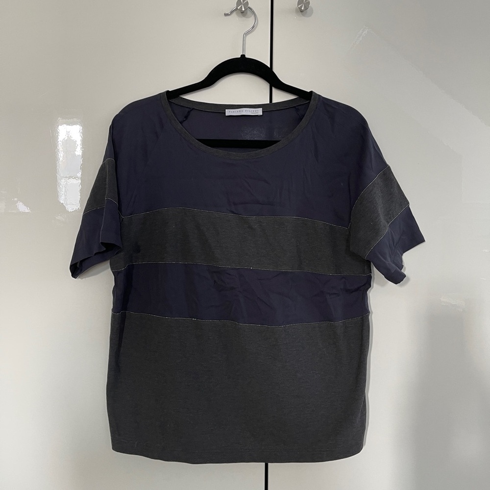 Fabiana Filippi Italy Oversized Navy Gray Silver Silk Top Blouse 38 XS
